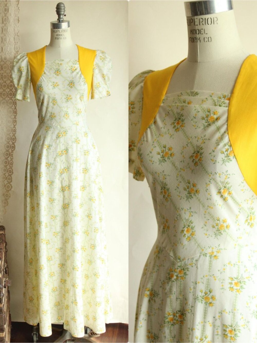Vintage 1970s Dress, Floral Print Prairie Maxidress with yellow and green flower